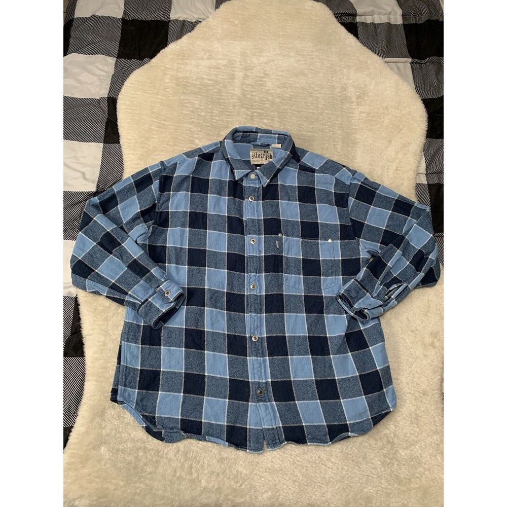 Levis Silver Tab Y2K Oversized Blue Plaid Flannel‎ Shirt Size Medium